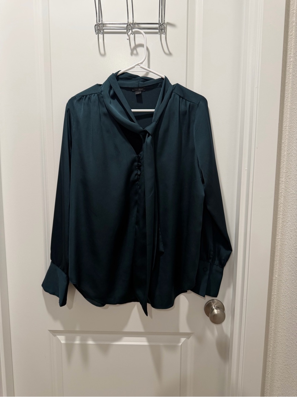 Ann Taylor Deep Teal Tie-Neck Long Sleeve Blouse